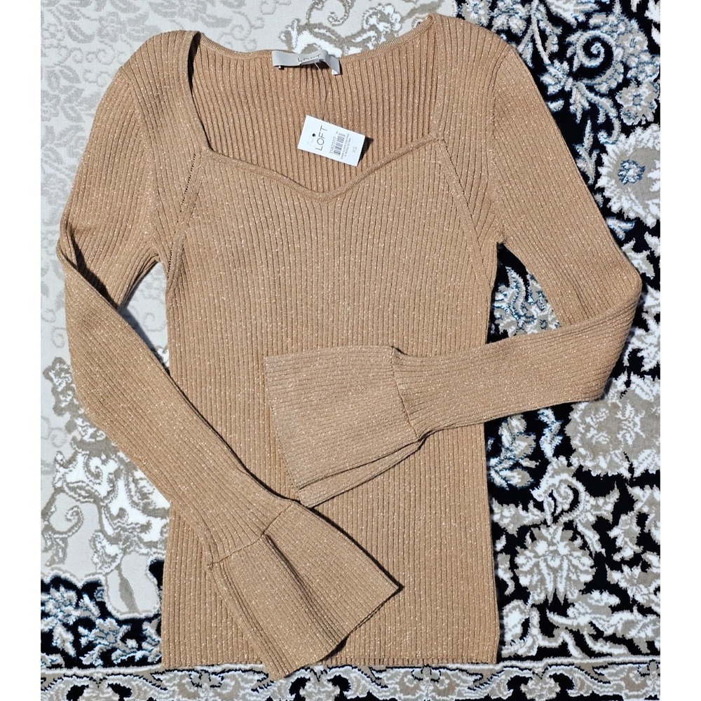 Loft Shimmer Ribbed Sweetheart‎ Neck Flare Cuff Sweater Size XS Tan Gold